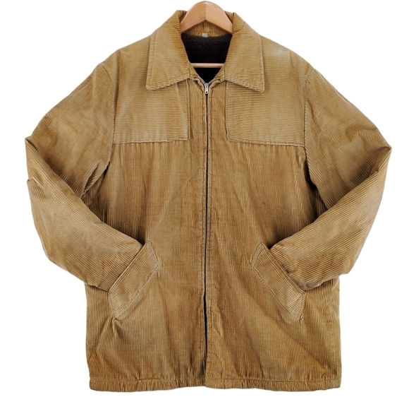 Vtg Jacket Coat Mens 44 Tan Corduroy Faux Fur Lined Zip Up Quilted Sleeves - Picture 2 of 16